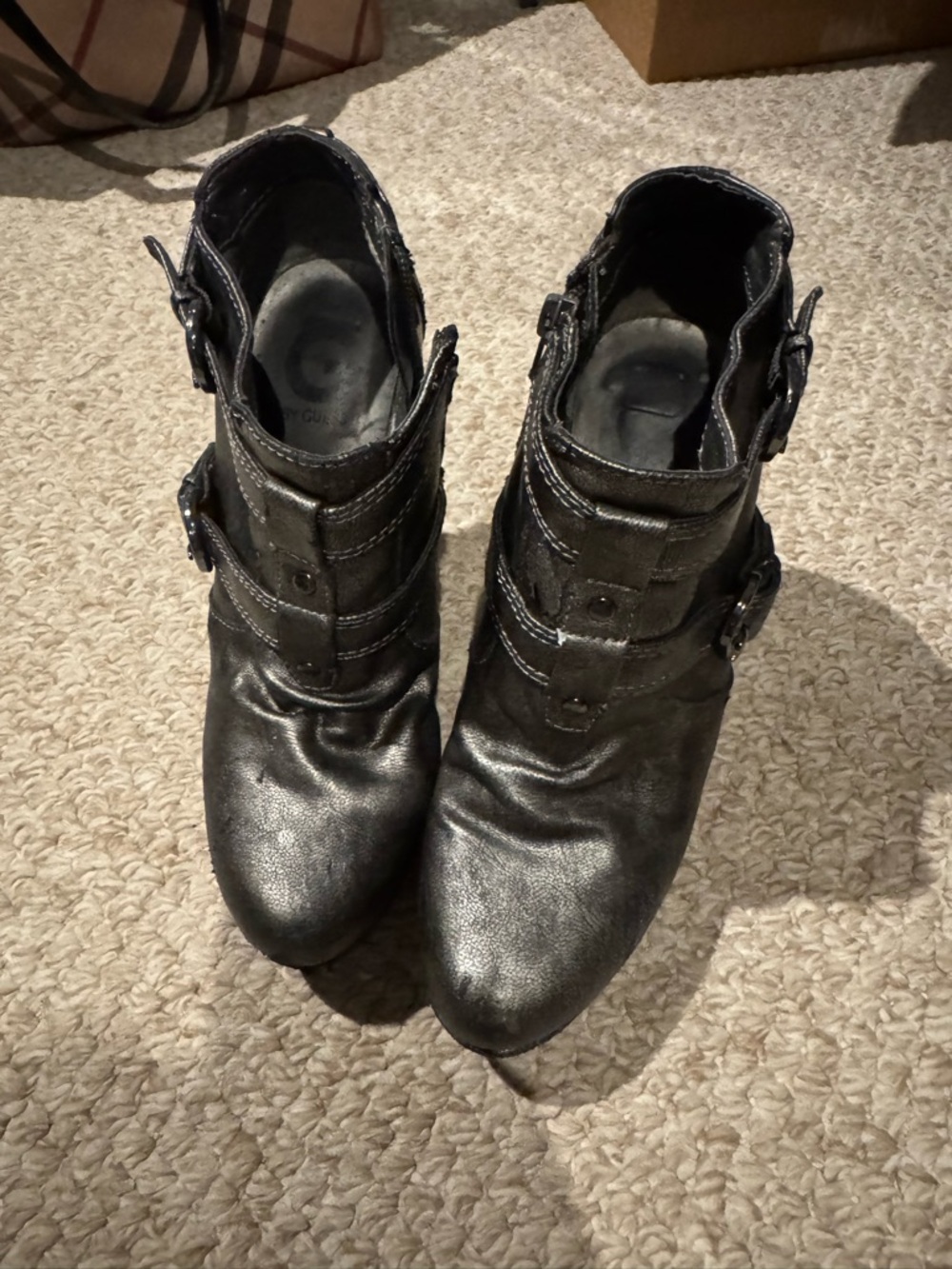 G by Guess Pewter Buckle Ankle Boots